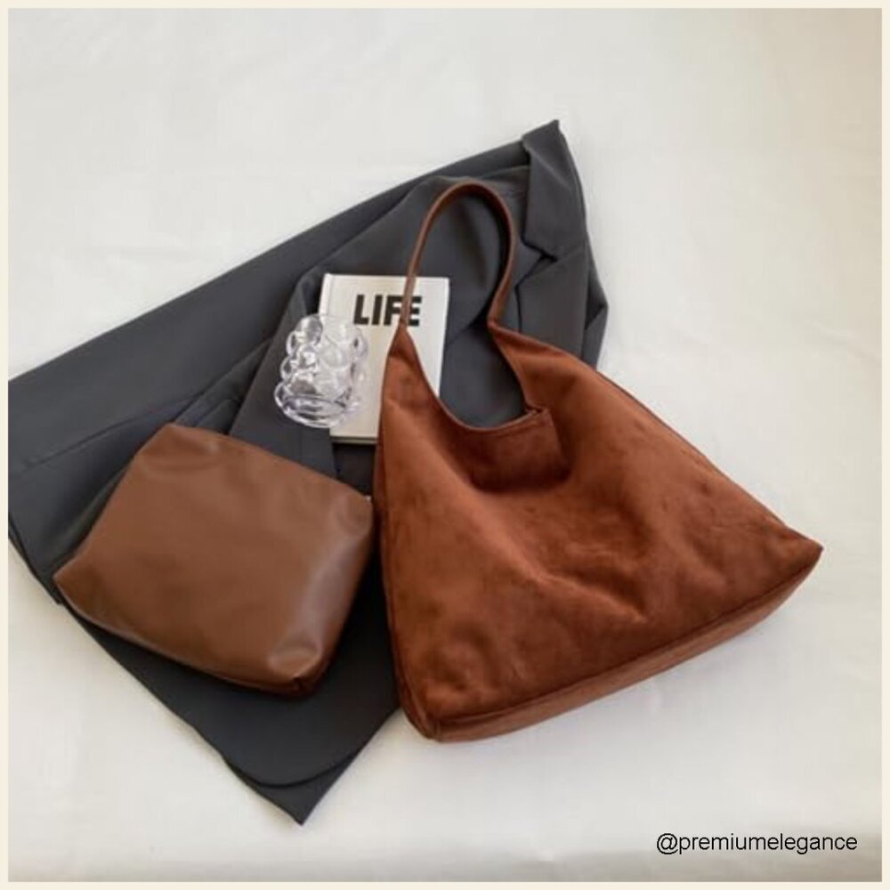 Faux Suede Hobo Shoulder Bag Slouchy Tote Work Everyday Purse - Picture 4 of 7